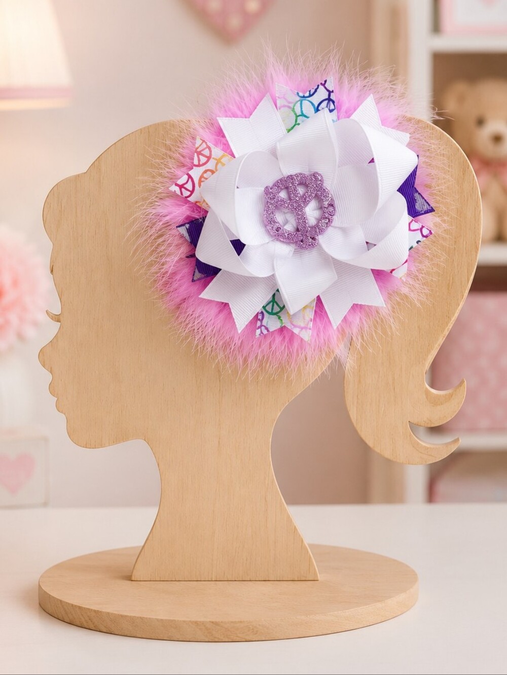 Peace Sign Boutique Hair Bow Clip Pink Marabou Feather Girls NWT - Picture 2 of 4